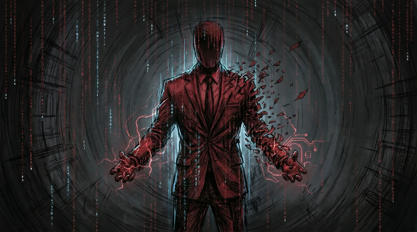 The Operator: a faceless agent in a red suit dissolving into code