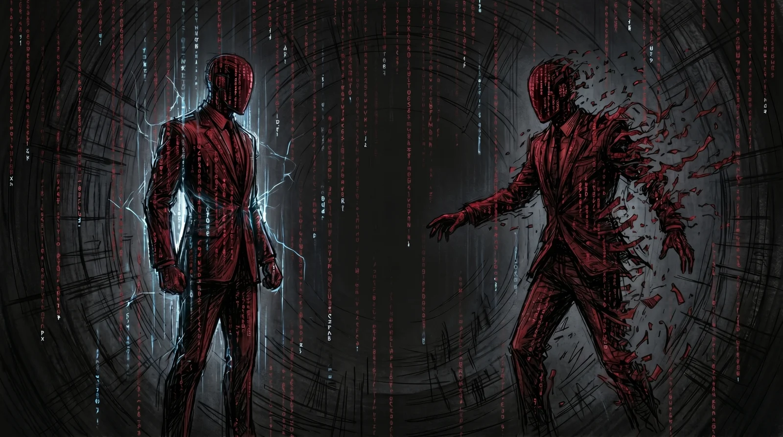 Two agents in adversary confrontation, one crackling with energy as it breaks the other into red shards