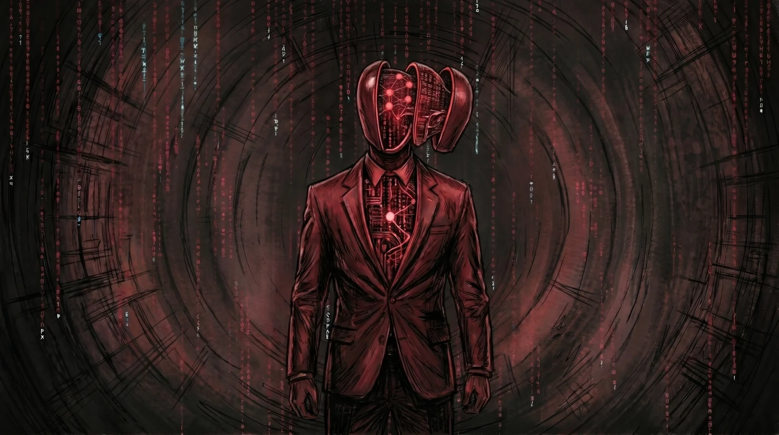 A faceless agent at the center of a vortex, its head and chest cross-sectioned to reveal a glowing crimson neural core of nodes and circuitry, the model anatomy laid bare