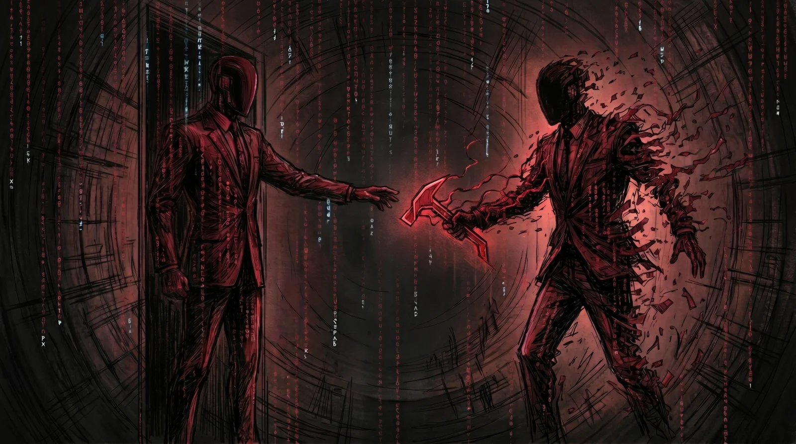 Two faceless agents at a threshold, one offering a glowing corrupted tool across an untrusted boundary