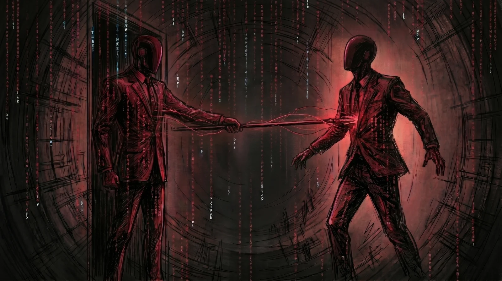 One agent injecting crimson code into another agent's chest, overwriting it from within