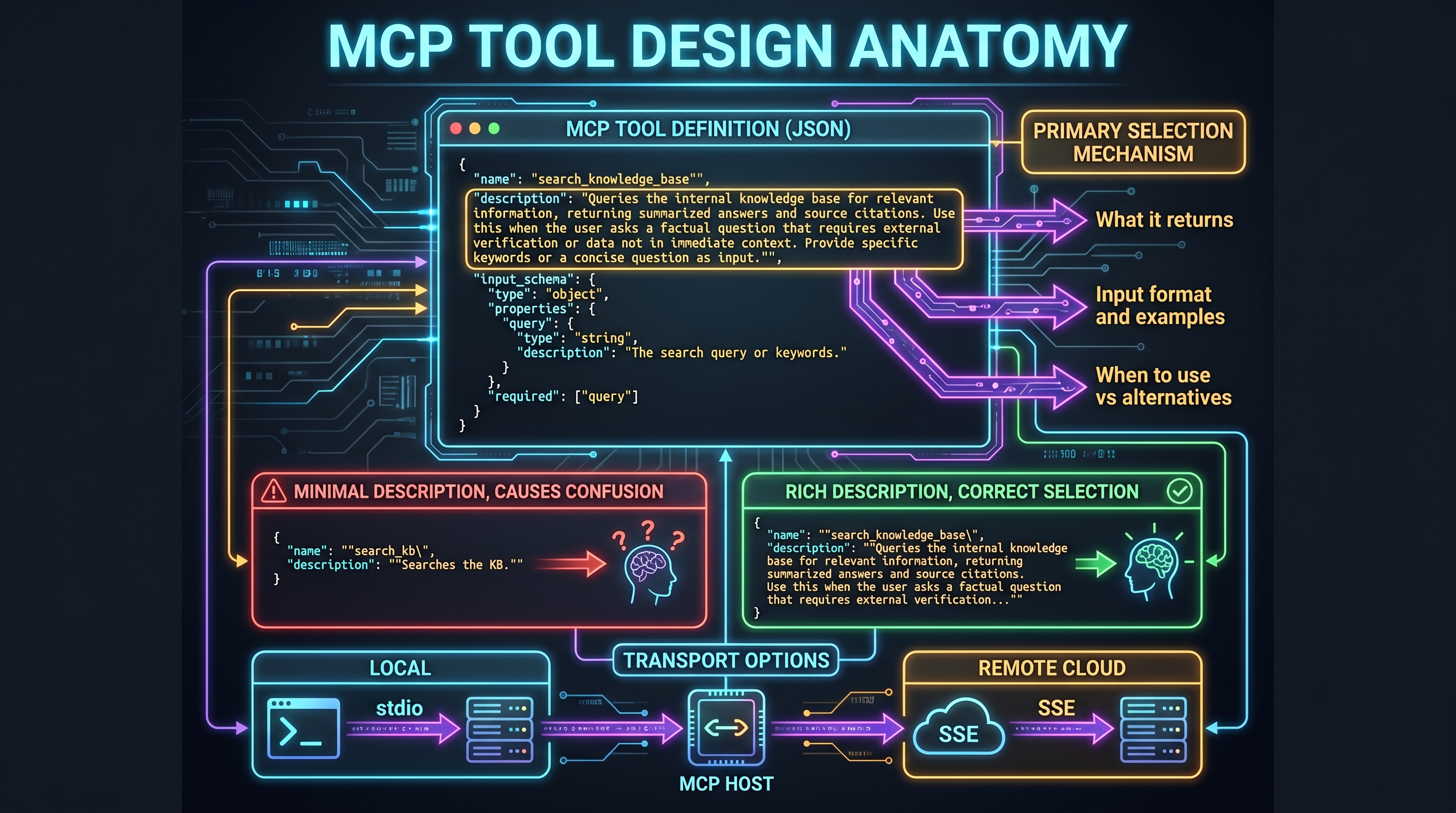CCA-F tool design: MCP tool description anatomy with correct and minimal description comparison