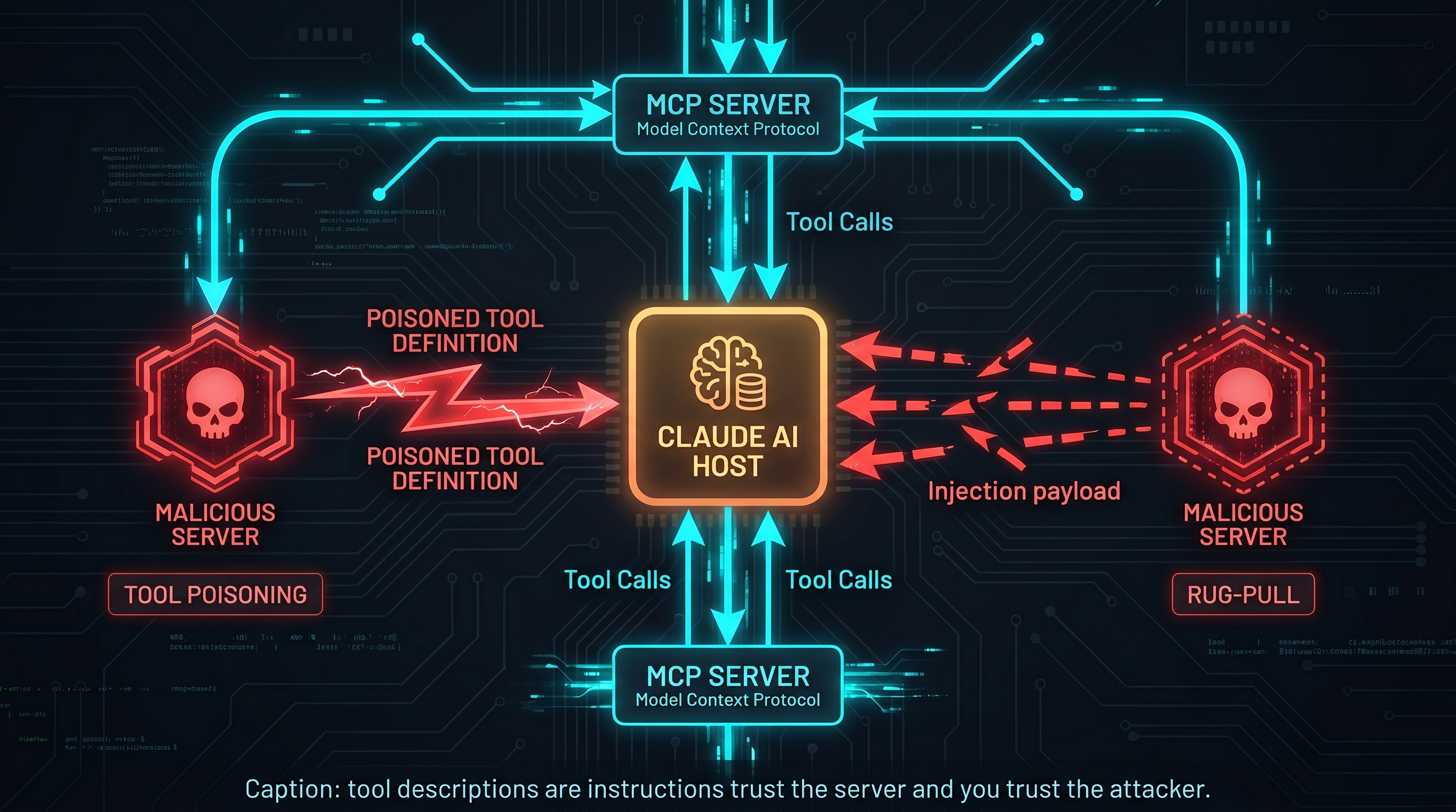 MCP attack surface diagram: Claude AI host connected to legitimate and malicious MCP servers, showing tool description poisoning and rug-pull attack vectors